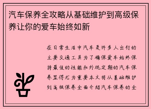 汽车保养全攻略从基础维护到高级保养让你的爱车始终如新