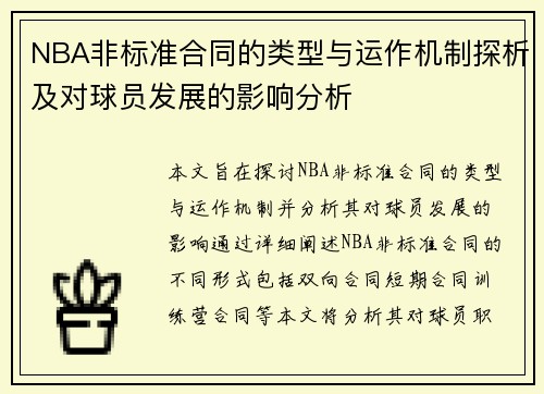 NBA非标准合同的类型与运作机制探析及对球员发展的影响分析