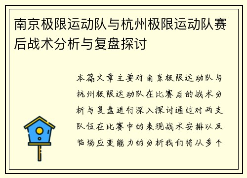 南京极限运动队与杭州极限运动队赛后战术分析与复盘探讨